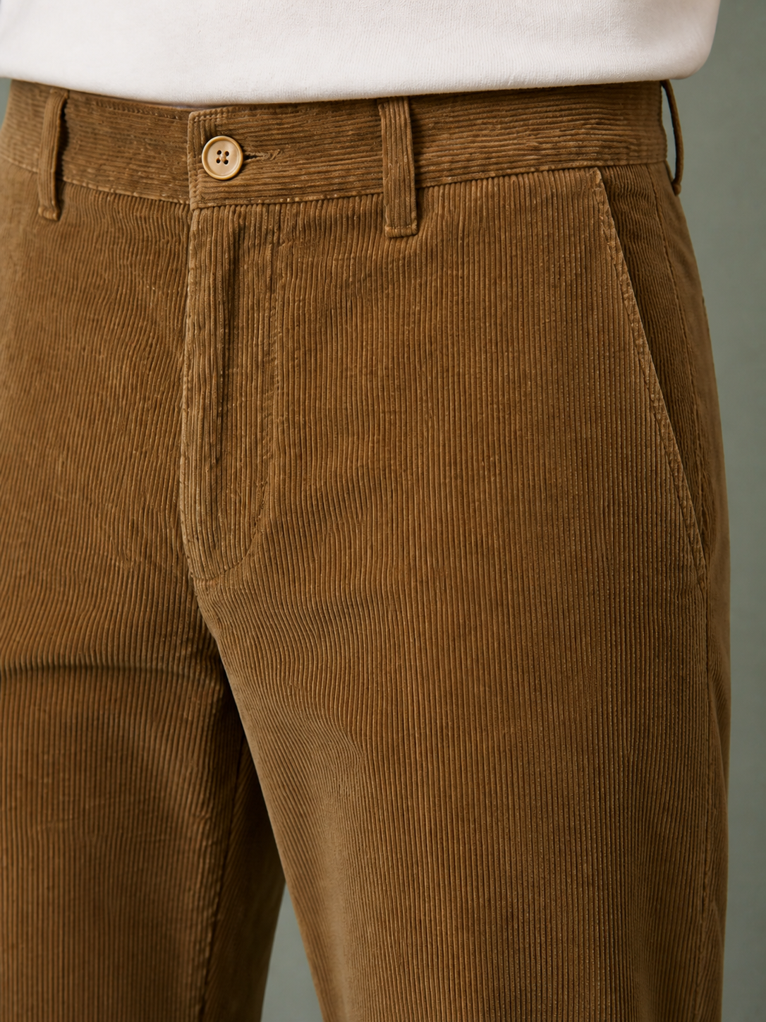 Corduroy trousers, waistband and wale detail