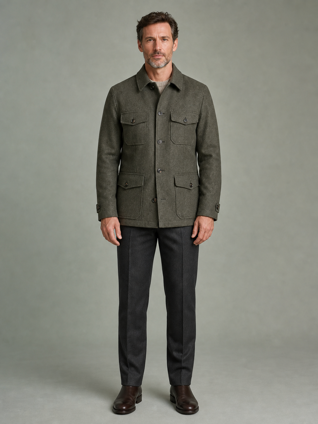 Olive-grey wool field jacket, front