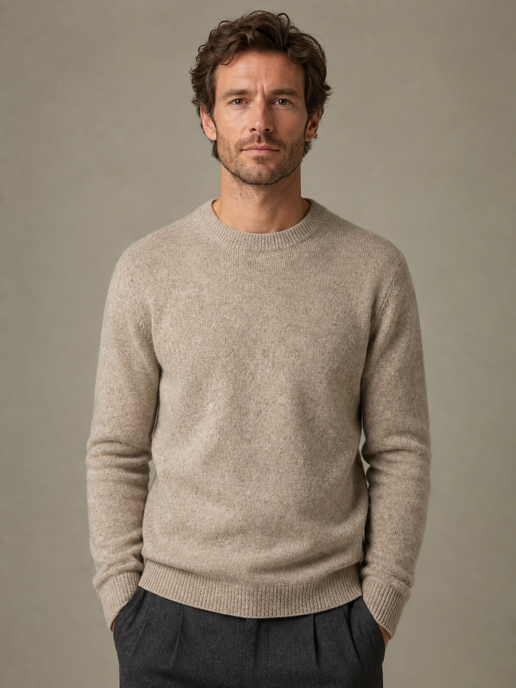 Oat-heather lambswool crew jumper, front