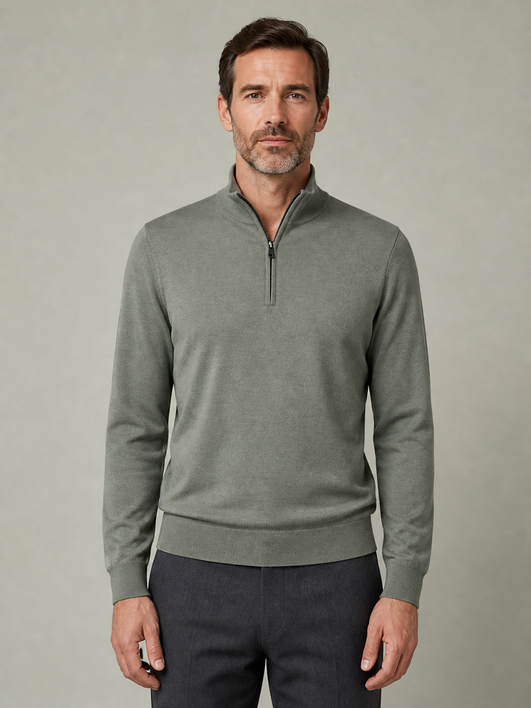 Sage-grey merino half-zip, front