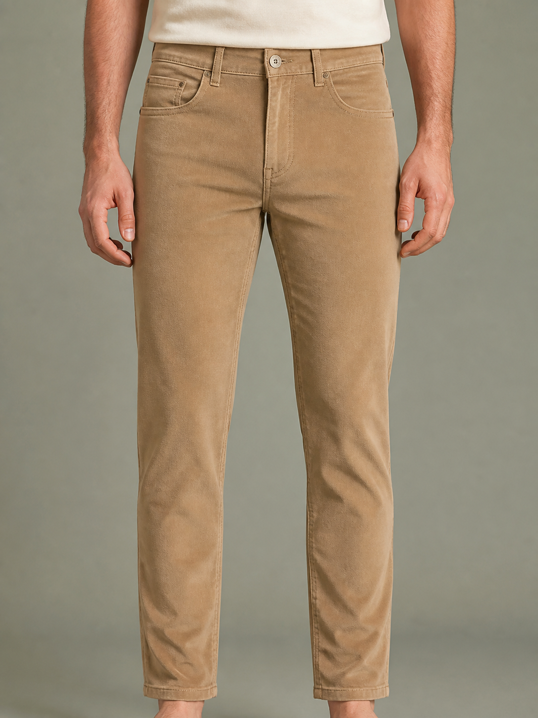 Tan-stone moleskin trousers, front