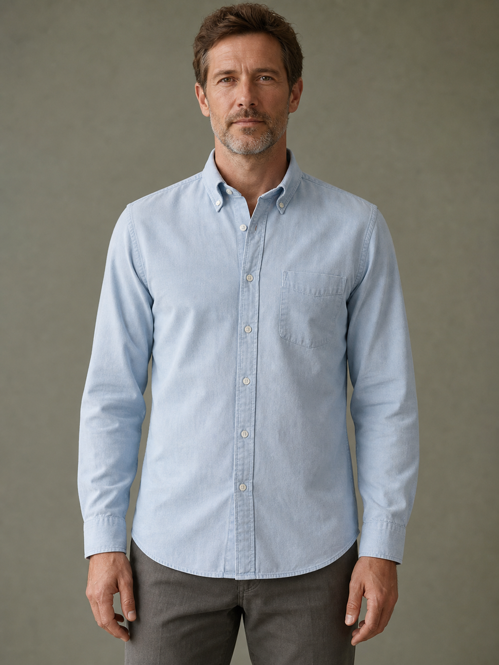 Pale-blue washed oxford shirt, front