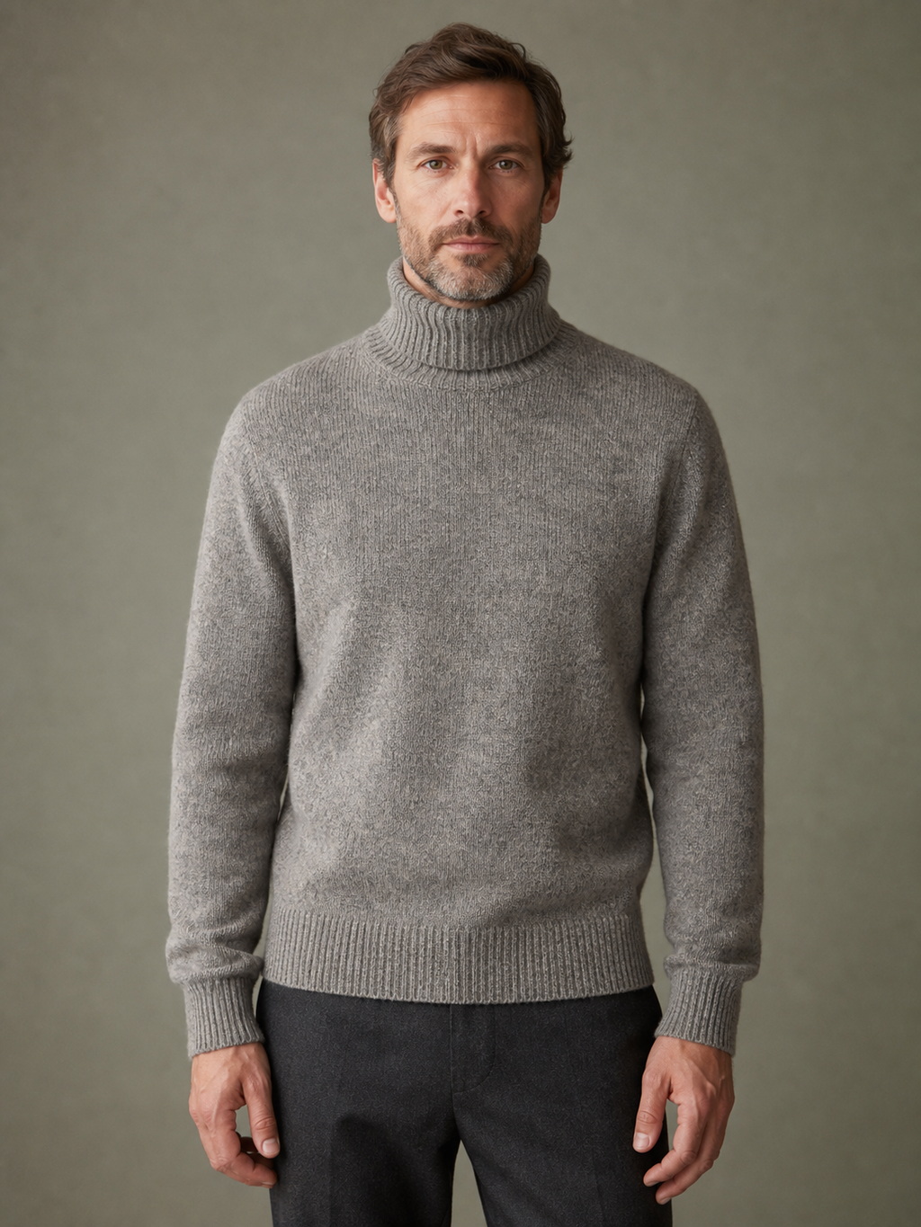 Heather-grey Shetland roll neck, front