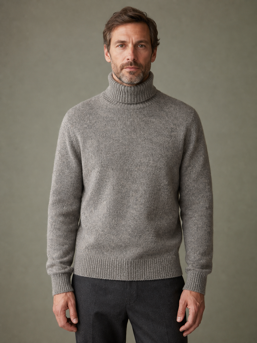 Heather-grey Shetland roll neck, front